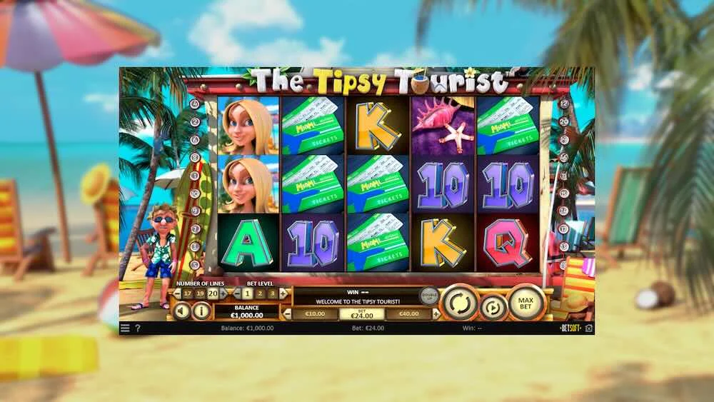 Play The Tipsy Tourist slot by Betsoft featuring a Miami vacation theme, fun bonus rounds, Free Spins, and Scatter Pays for exciting wins