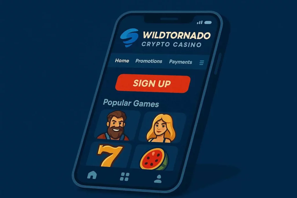 WildTornado crypto casino on mobile interface showcasing easy navigation and game selection
