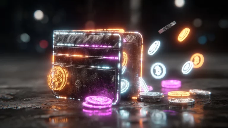 Casino chips and cryptocurrency symbols representing instant withdrawals.