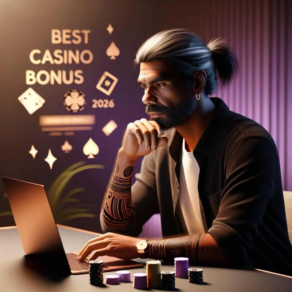Enthusiastic Aussie wearing headphones smiles while playing online casino game on laptop at home